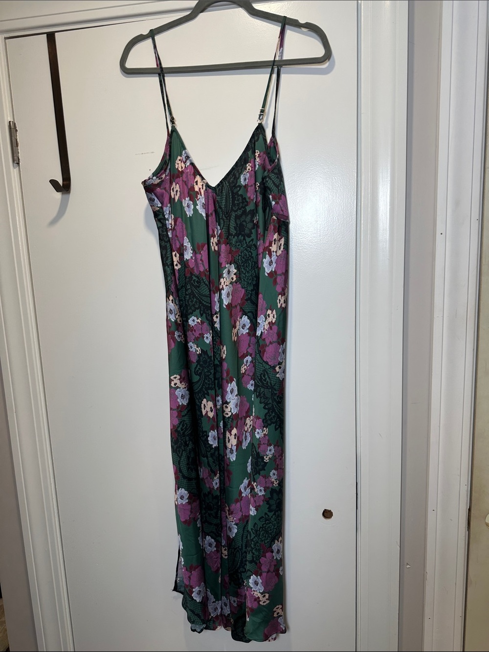 Floral Satin Slip Dress in Green & Purple with Adjustable Straps (55)